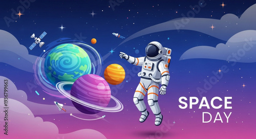 Astronaut floating in space with planets and stars celebrating space day in a vibrant cosmic scene