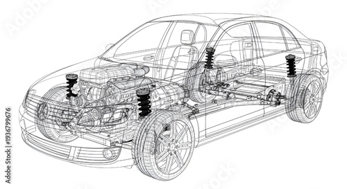 Car Wireframe Engine Chassis Automotive Technology Vector Illustration