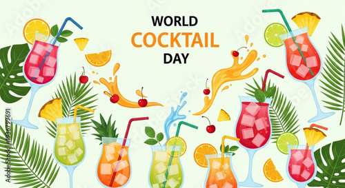 Vibrant cocktails with tropical fruit and leaves on world cocktail day