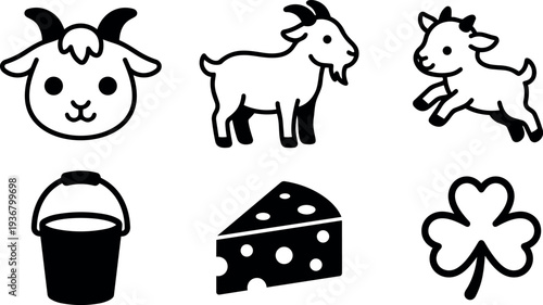 Line art goat icon set showing cute goat face standing goat jumping kid milk bucket cheese wedge and clover symbol