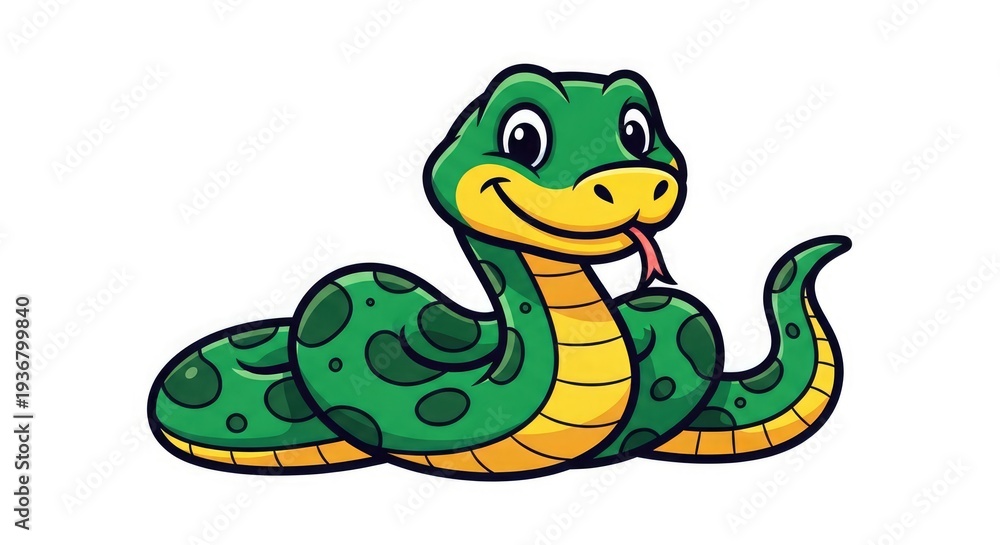 Fototapeta premium A cartoon snake with a smiling face and vibrant green scales, curled up in a playful pose, illustrated in a simple style.