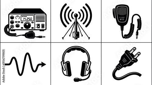 Minimalist icon set six radio communication devices including transceiver antenna microphone waveform headset and plug in black vector flat icons