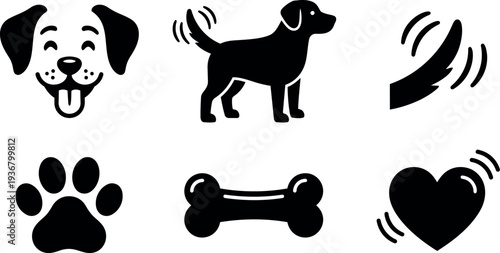 Flat design set of six dog icons showing happy dog face standing dog wagging tail paw print bone heart vibrating