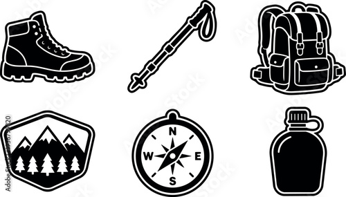 Minimalist vector hiking gear icon set boot trekking pole backpack compass canteen mountain badge flat design emblem side view top