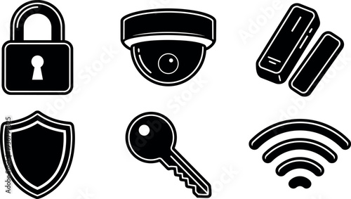 Flat design black security icon set padlock dome camera door sensor shield key and wireless signal isolated on white background
