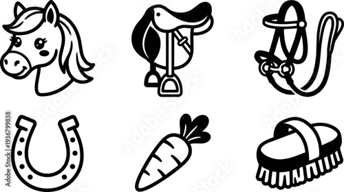 Line art vector icon set of horse head saddle bridle horseshoe carrot and grooming brush arranged in six flat icons