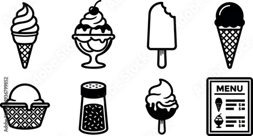 Flat line art ice cream icon set eight symbols cone sundae popsicle menu salt shaker close up simple black vector