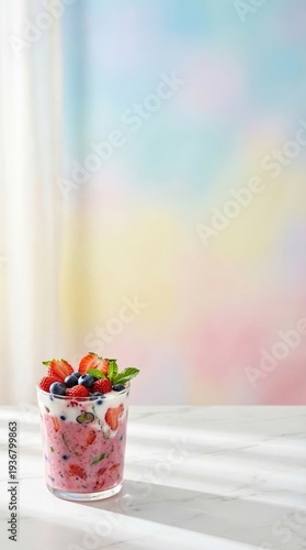 Healthy Summer Smoothie Minimal Scene Fresh Fruit Parfait with Yogurt and Berries in Glass Cup