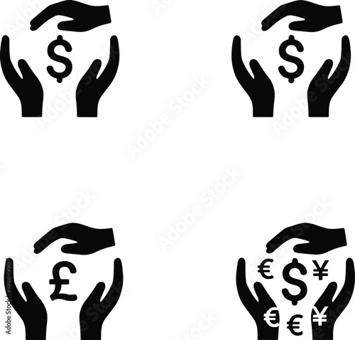 Black vector icons of hands protecting currency symbols including dollar euro yen and pound sterling isolated on white background for banking finance and investment.