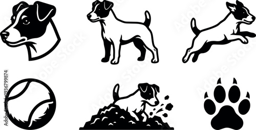 Flat vector dog icon set featuring jack russell head standing jumping digging paw and tennis ball in bold silhouette style
