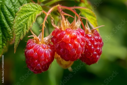 Ripe raspberries growing on bush branch