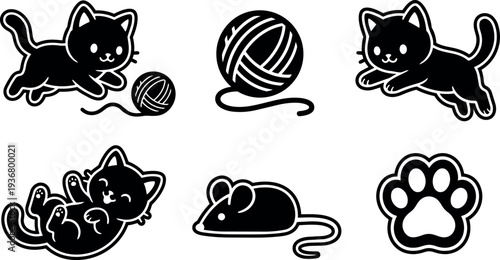 Kawaii sticker sheet of playful black cat icons chasing yarn and mouse with paw print vector flat design close up
