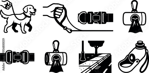 Flat design dog walking icons set showing leash hand hold collar waste bag dispenser water bottle on street scene sidewalk