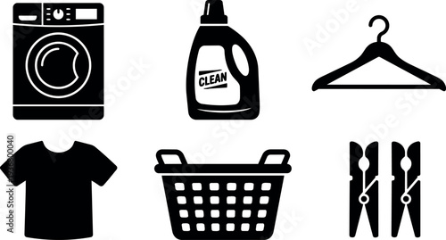 Flat design front view laundry icons washing machine detergent bottle hanger t shirt basket clothespins on white background minimalist set