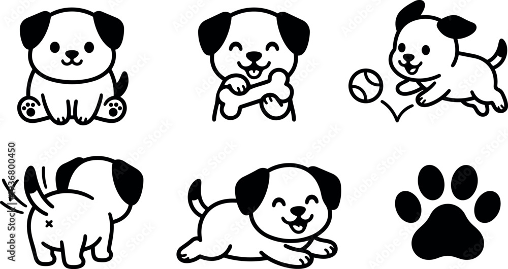 Obraz premium Line art close puppy icon set showing playful happy white dog poses including sitting jumping running wagging tail paw minimal
