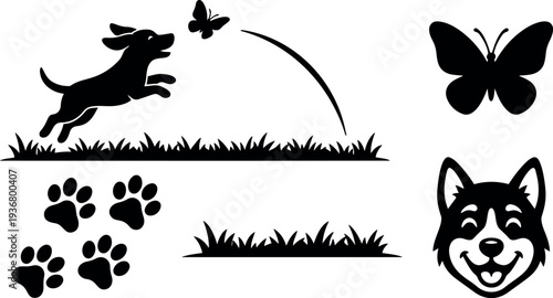 Flat silhouette dog jumping chasing butterfly with paw prints grass elements and smiling husky head on white background side view
