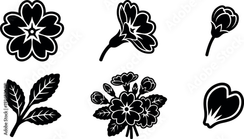 Flat design floral icon set primrose style close up stem bud leaf cluster black silhouette on white vector scalable editable