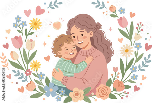 mother hugging child surrounded by flowers and hearts, cute family love motherhood cartoon illustration on transparent background