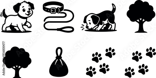 Flat design cute puppy icon set with leash paw prints trees and waste bag for pet walking simple black silhouettes