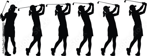 Female golfer swing sequence silhouette vector, woman golf player action progression isolated, professional sports motion illustration on white background