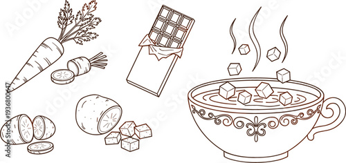 Hot Chocolate Cup with Sugar Cubes and Cocoa Ingredients Line Art Set, Cozy Winter Drink Illustration with Carrot, Chocolate Bar and Sweet Food Elements