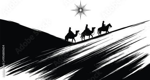 Epiphany, nativity, Bethlehem, Christmas, silhouette, desert, star, camel, Magi, religious, Christian, journey, pilgrimage, dunes, night,