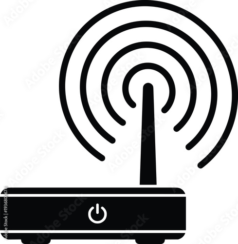 Black wifi router icon with signal waves and antenna isolated on white background for wireless internet connection network technology broadband telecommunication and digital data transmission