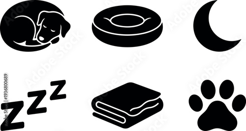 Minimal flat design curled dog sleeping on round pet bed with blanket and zzz moon icons simple black silhouette cozy