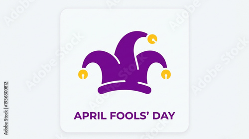 Purple jester's hat with yellow bells on april fools' day card or sign symbolizing pranks and jokes on a white background with rounded corners