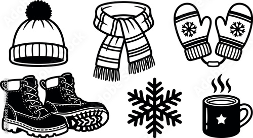Flat line art winter clothing and accessory icon set featuring beanie scarf mittens boots snowflake and hot mug vector minimal
