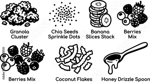 Flat line art breakfast ingredient icons granola chia seeds banana slices berries coconut flakes honey spoon arranged in grid set
