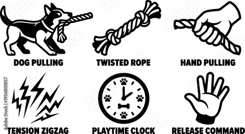 Bold line art dog tug icon set dog pulling rope hand pulling tension zigzag playtime clock and release command gesture