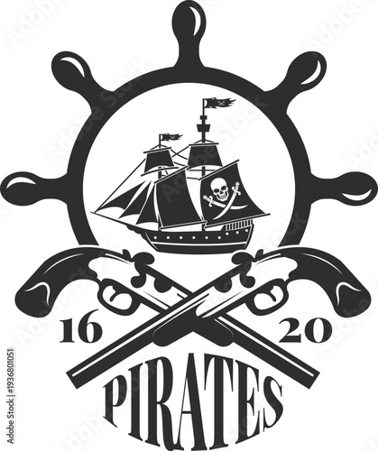 Pirates black emblem. Vintage ship monochrome label
