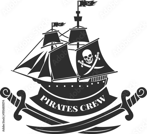 Pirate crew logo. Sailing ship black emblem