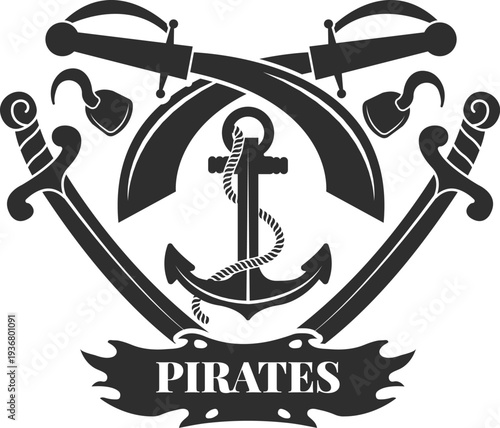 Vintage pirate emblem. Crossed weapons black logo