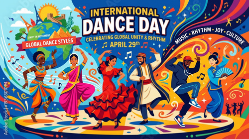 Vibrant dancers celebrate international dance day with colorful costumes and joyful movements on stage