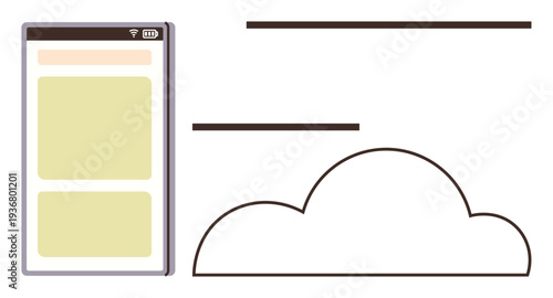 Cloud storage, app design, data management, digital network, user interface, technology integration. A smartphone screen layout next to a cloud symbol. Cloud storage and app design concepts