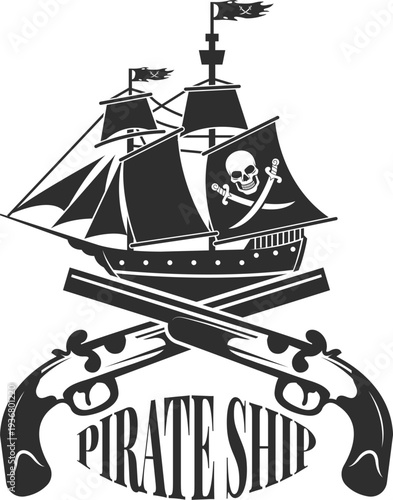 Pirate sailing ship black stamp. Crossed guns logo