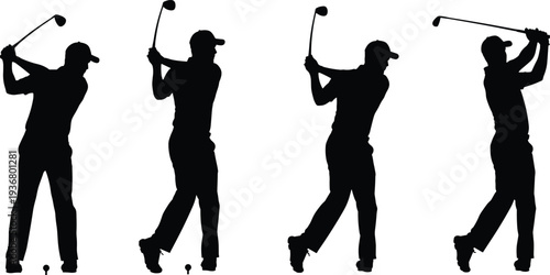 Male golf player silhouette swing sequence, professional golfer hitting ball with club motion isolated on white background, sports activity concept