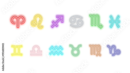 3D Neon Zodiac Signs Glowing Icons Set on Transparent Background - Astrology and Horoscope Symbols