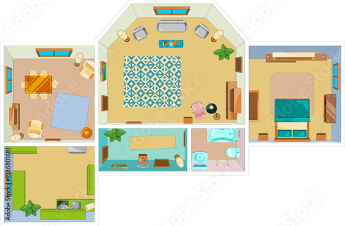 Apartment interior plan with furniture scheme top view