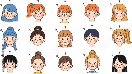 Confused Girls Facial Expression Cartoon Set with Question Marks, Cute Female Characters Showing Doubt, Thinking and Problem Emotions for Emotion Icon Collection