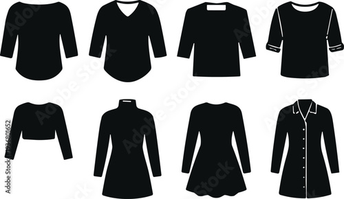 Black women's clothing silhouettes set featuring various necklines and sleeve lengths including v-neck t-shirts, long sleeve dresses, crop tops, and button-up coats.