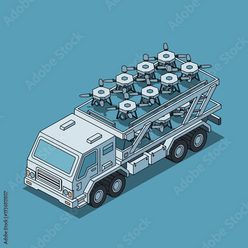 Truck Carrying Multiple Drones on Platform.