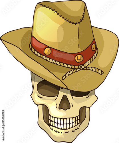 Skull in cowboy hat. Dead skeleton color drawing