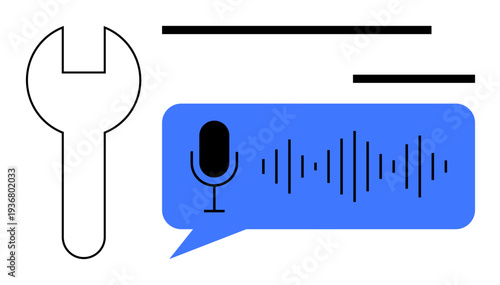 Voice recognition, audio tools, communication apps, sound processing, AI technology, technical maintenance. Wrench and speech bubble with microphone and soundwave graphic. Voice recognition and audio