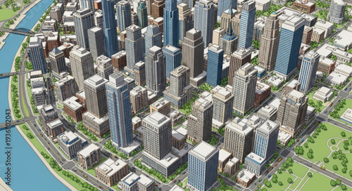 Aerial View of Modern City Skyline with Tall Buildings and Green Spaces.