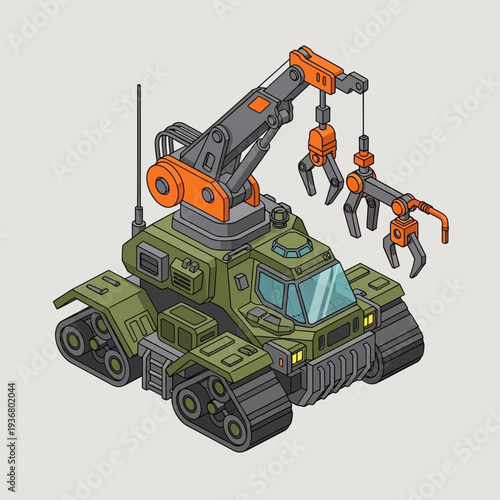 Military Robot with Crane and Claws.