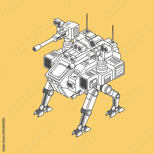 Robot Machine With Mechanical Legs And Guns.