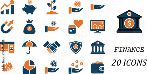 Finance banking investment icon set vector, money savings payment wallet profit growth bank symbols for business web interface design